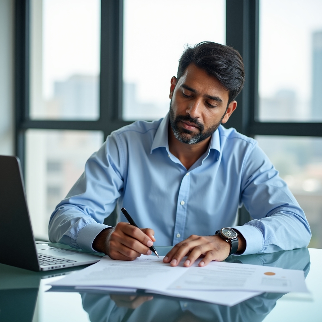 Reviewer reading a printed consumer protection document at a desk