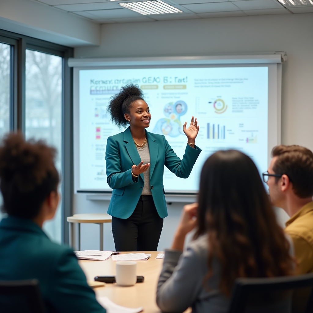 Adult educator explaining consumer rights to a small group in a community classroom