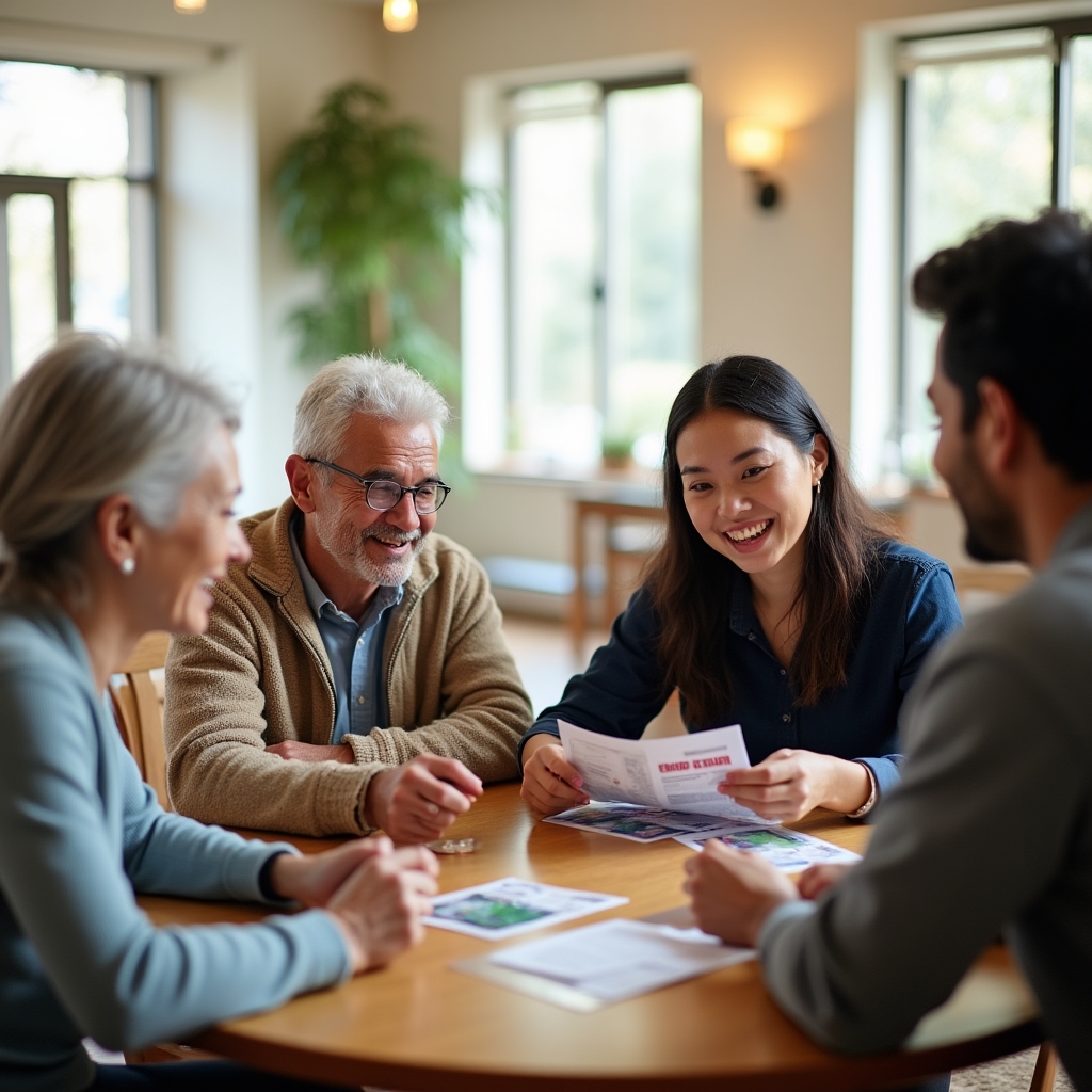 Group of adults of different ages examining a small stack of gift cards in a bright community space