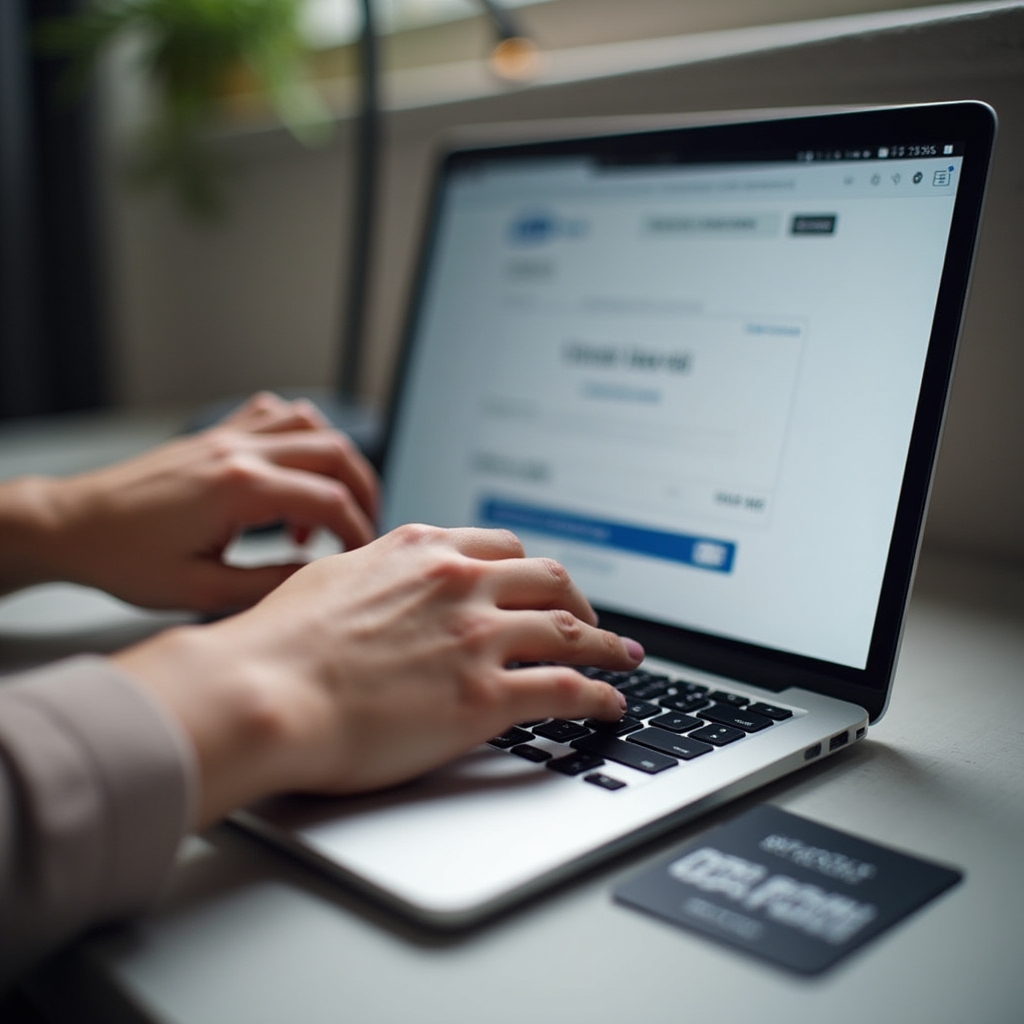 Hands typing on a laptop during an online purchase with a gift card resting on the desk