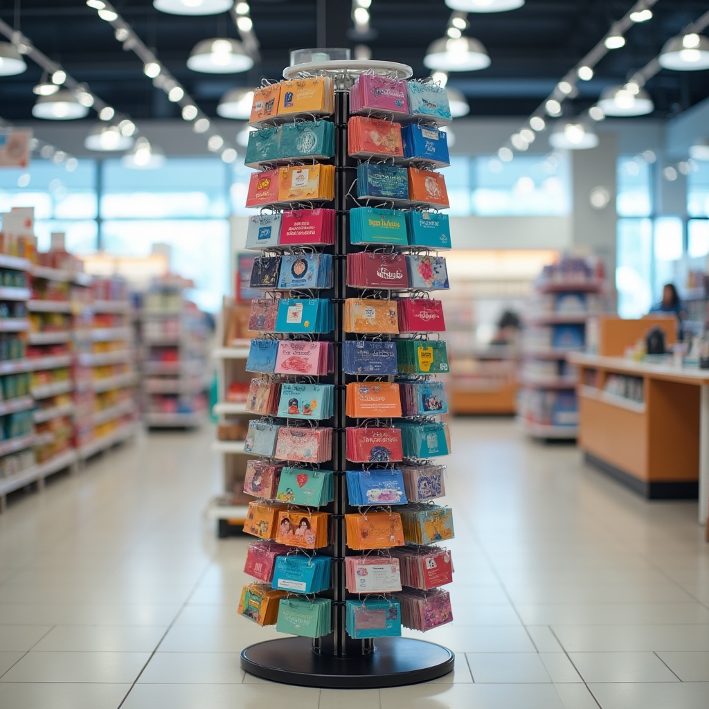Retail store rack of gift cards in different denominations and brands