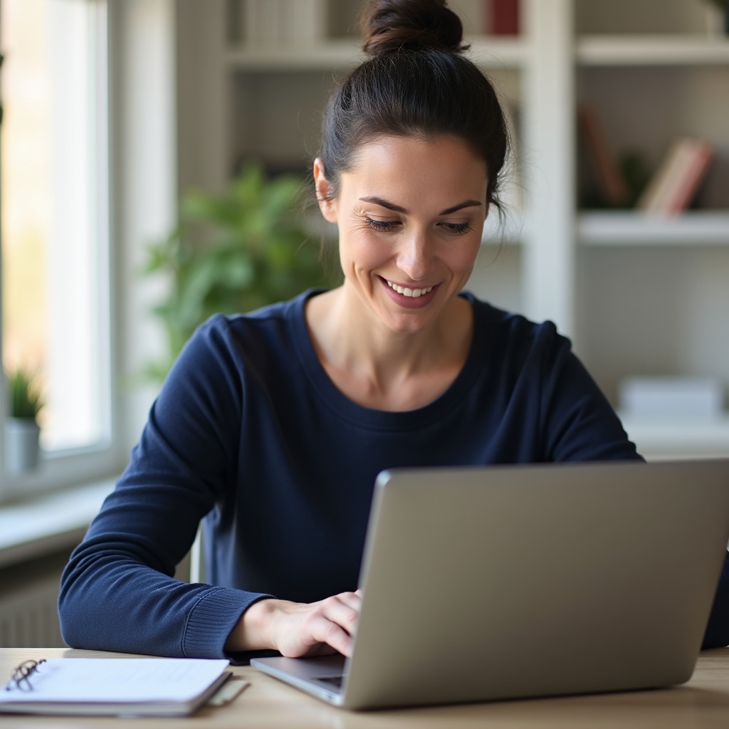 Calm, well-lit home office with a laptop and a gift card on the desk